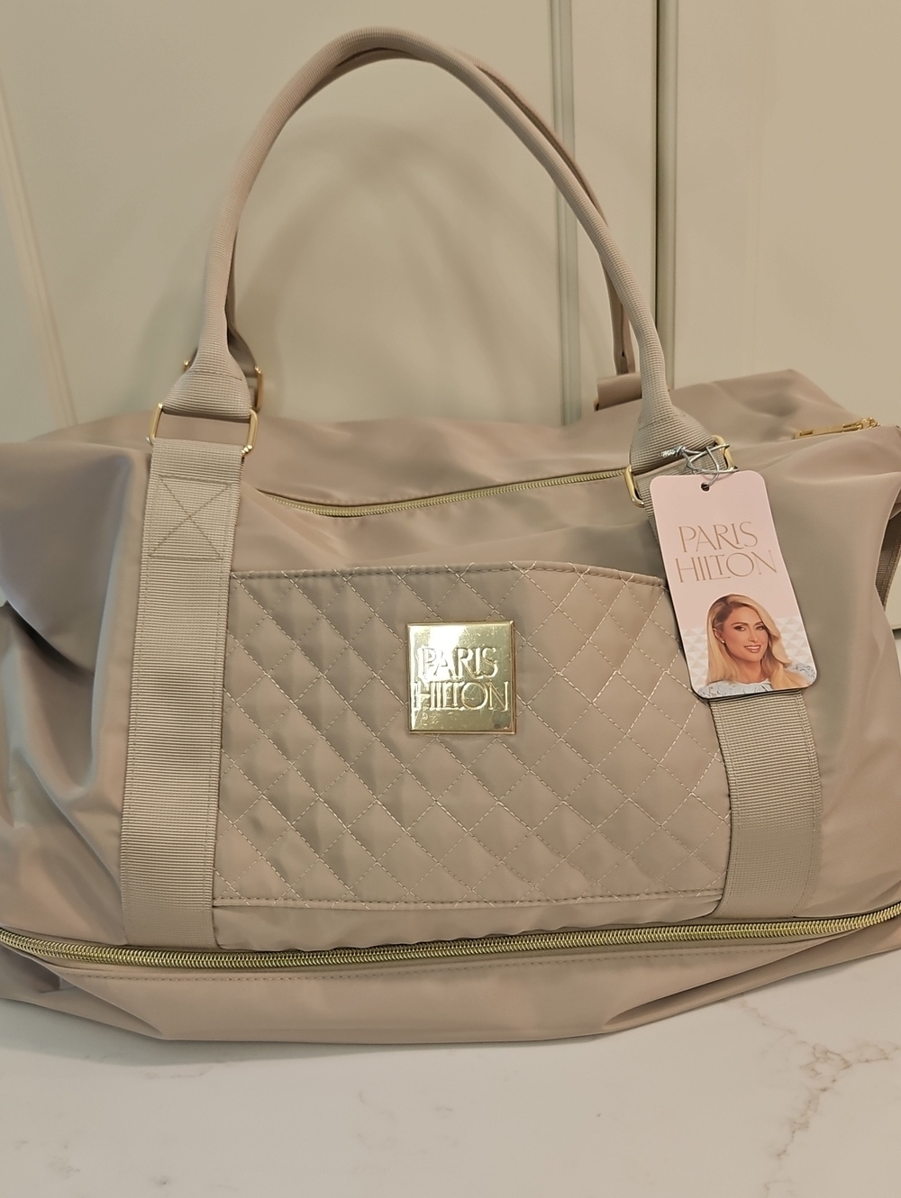 Paris Hilton Travel Duffel Bag NIB Tan Shoulder Strap Multiple Pockets Shoe Comp